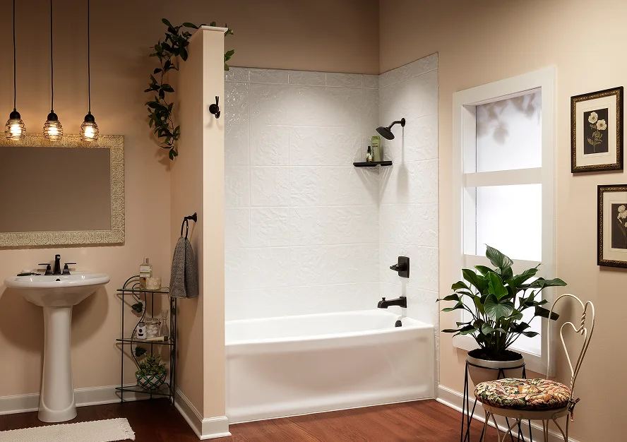 Walk-in shower with a glass enclosure and surrounding bathroom fixtures